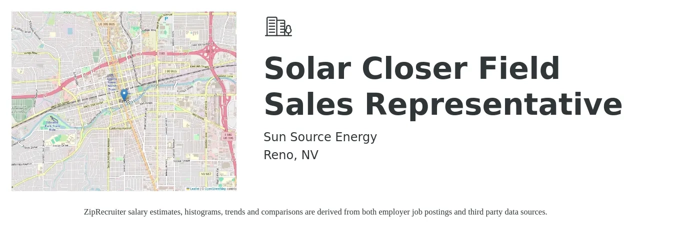 Sun Source Energy job posting for a Solar Closer Field Sales Representative in Reno, NV with a salary of $150,000 to $500,000 Yearly with a map of Reno location.