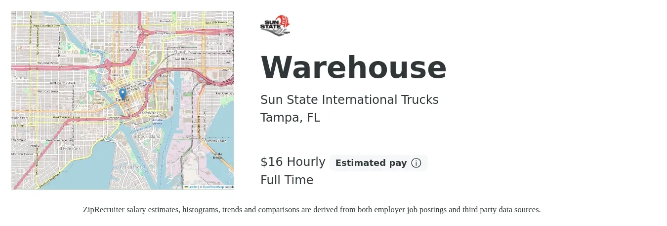 Sun State International Trucks job posting for a Warehouse in Tampa, FL with a salary of $17 Yearly with a map of Tampa location.