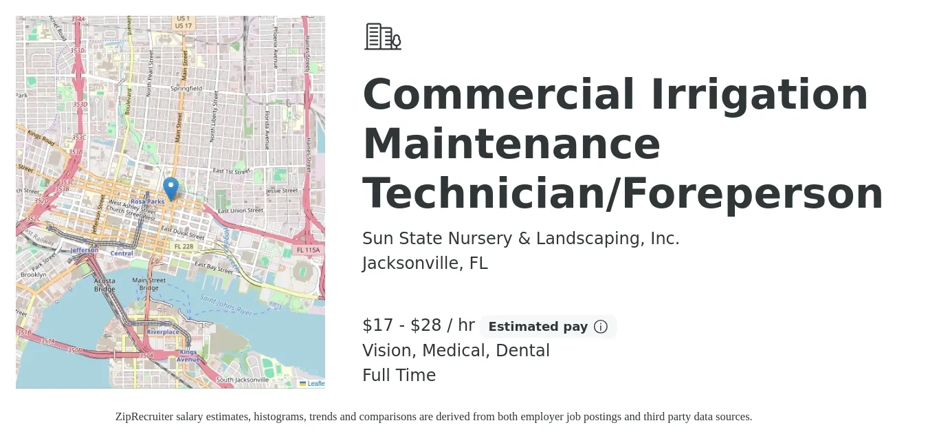 Sun State Nursery & Landscaping, Inc. job posting for a Commercial Irrigation Maintenance Technician/Foreperson in Jacksonville, FL with a salary of $18 to $30 Hourly and benefits including vision, dental, life_insurance, medical, pto, and retirement with a map of Jacksonville location.