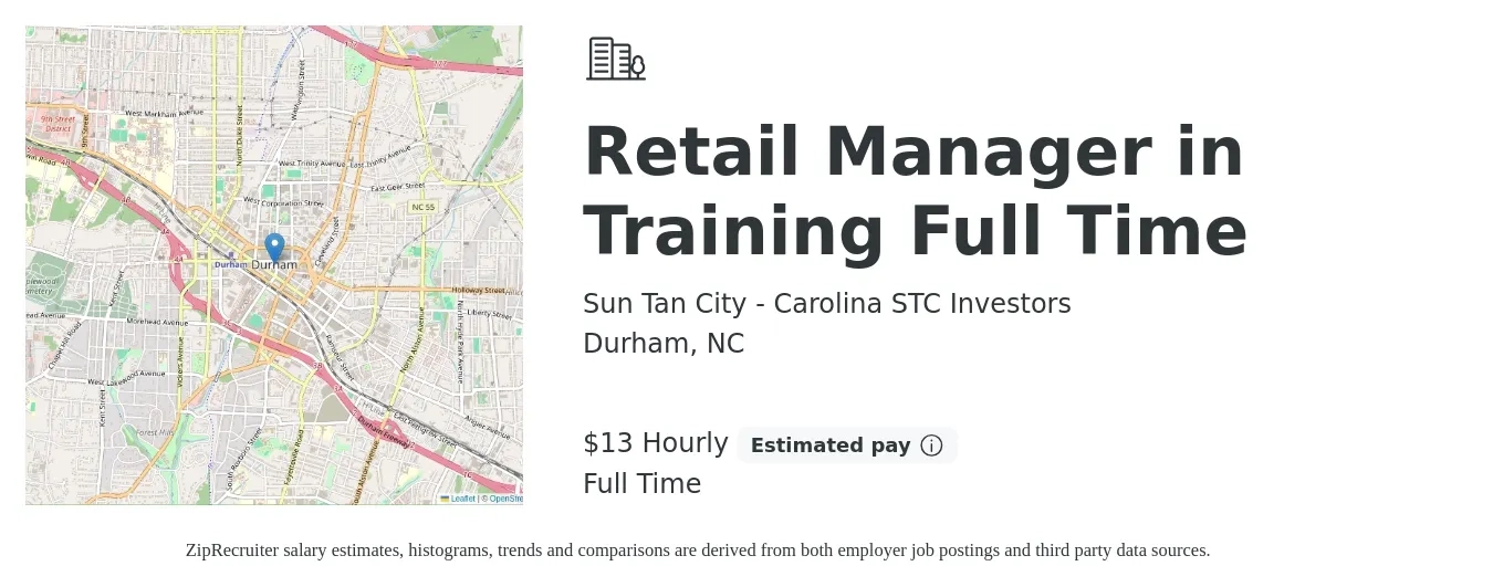 Sun Tan City - Carolina STC Investors job posting for a Retail Manager in Training Full Time in Durham, NC with a salary of $14 to $16 Hourly with a map of Durham location.