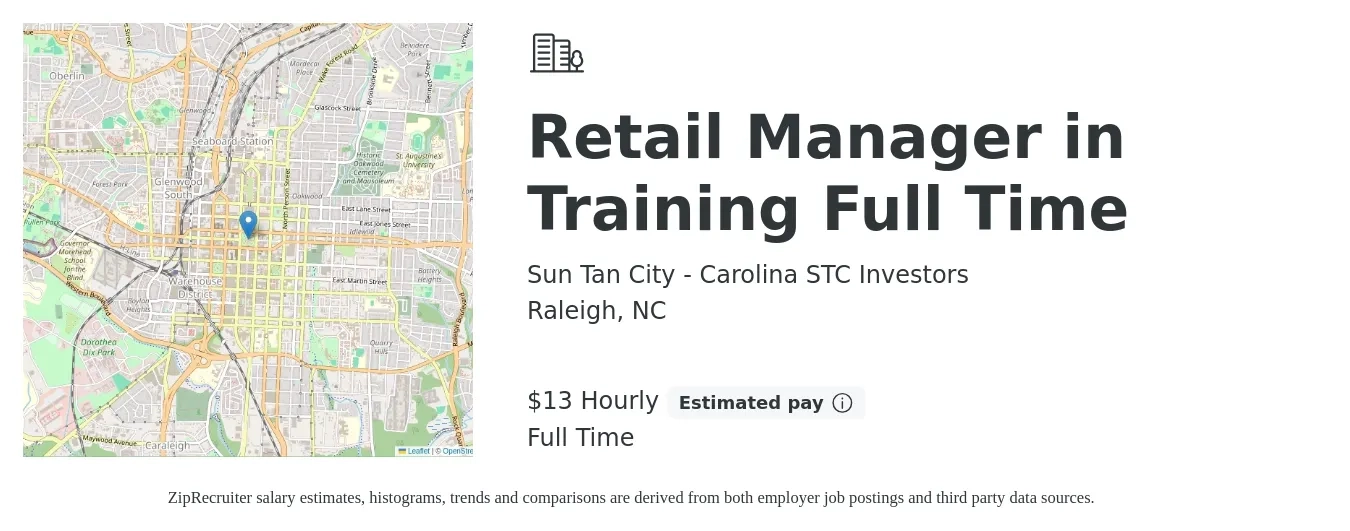 Sun Tan City - Carolina STC Investors job posting for a Retail Manager in Training Full Time in Raleigh, NC with a salary of $14 to $16 Hourly with a map of Raleigh location.