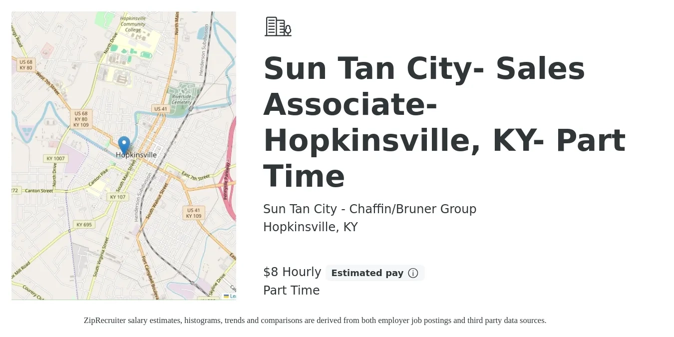 Sun Tan City - Chaffin/Bruner Group job posting for a Sun Tan City- Sales Associate- Hopkinsville, KY- Part Time in Hopkinsville, KY with a salary of $9 Hourly with a map of Hopkinsville location.