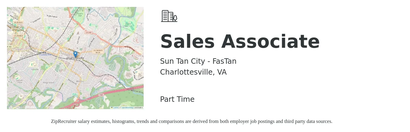 Sun Tan City - FasTan job posting for a Sales Associate in Charlottesville, VA with a salary of $12 Hourly with a map of Charlottesville location.