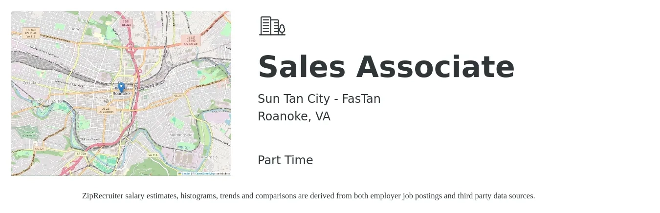 Sun Tan City - FasTan job posting for a Sales Associate in Roanoke, VA with a salary of $12 Hourly with a map of Roanoke location.