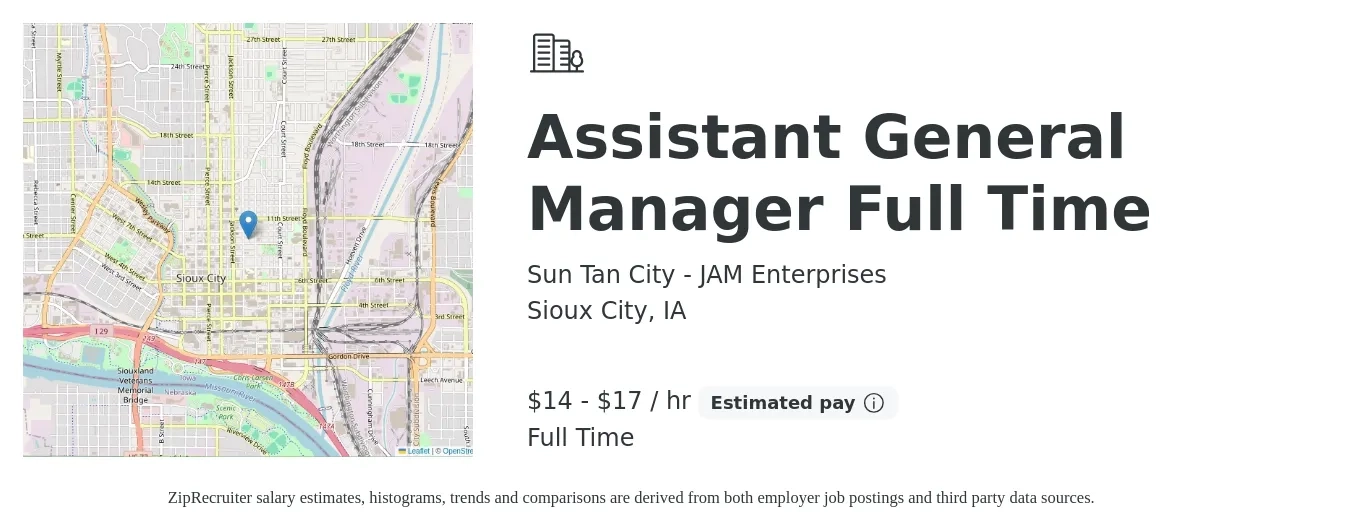 Sun Tan City - JAM Enterprises job posting for a Assistant General Manager Full Time in Sioux City, IA with a salary of $15 to $18 Hourly with a map of Sioux City location.