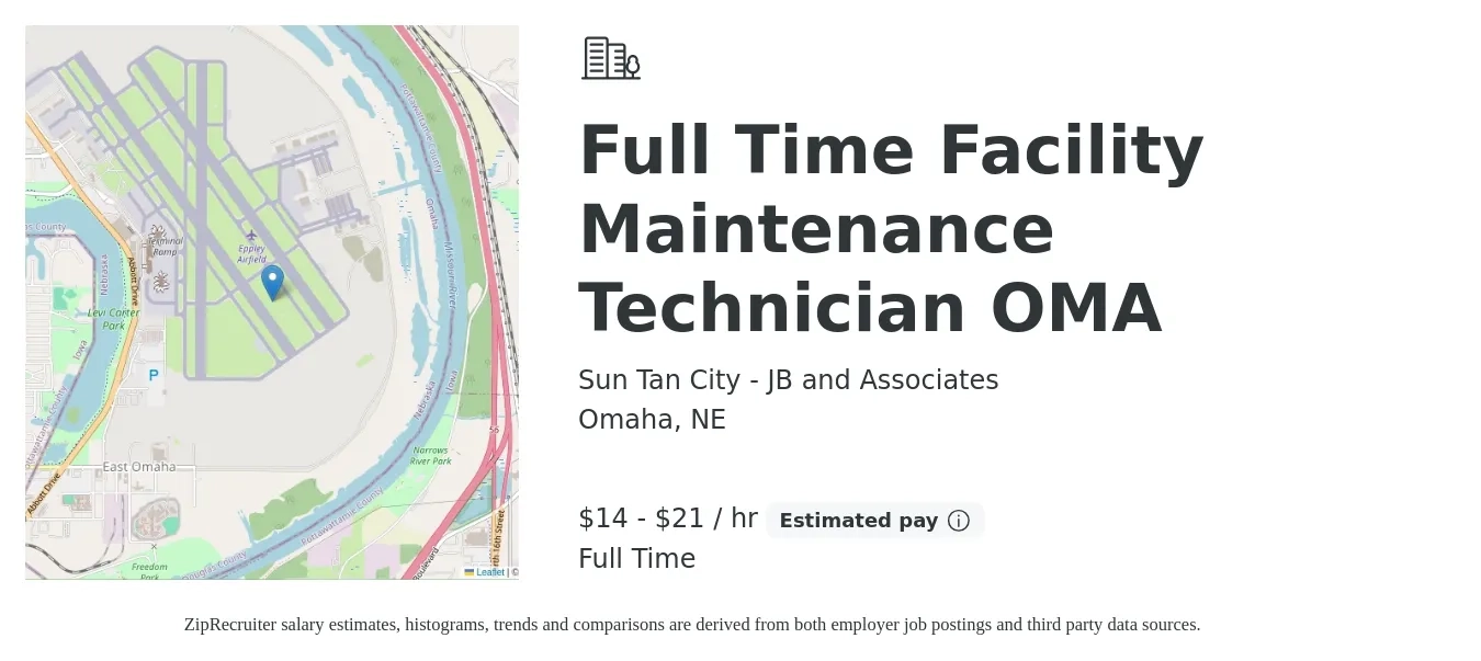 Sun Tan City - JB and Associates job posting for a Full Time Facility Maintenance Technician OMA in Omaha, NE with a salary of $15 to $22 Hourly with a map of Omaha location.
