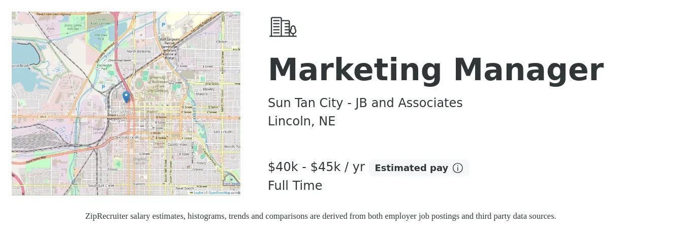 Sun Tan City - JB and Associates job posting for a Marketing Manager in Lincoln, NE with a salary of $40,000 to $45,000 Yearly with a map of Lincoln location.
