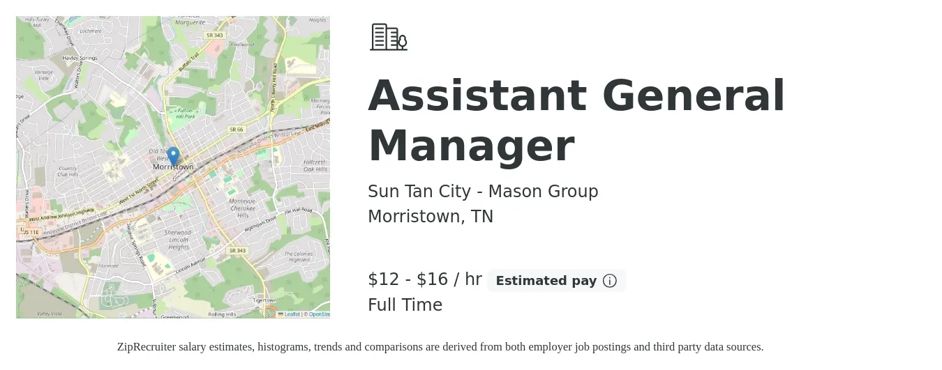 Sun Tan City - Mason Group job posting for a Assistant General Manager in Morristown, TN with a salary of $13 to $17 Hourly with a map of Morristown location.