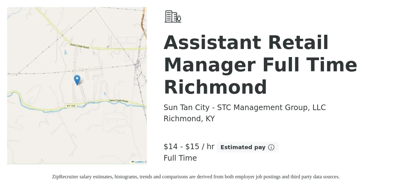 Sun Tan City - STC Management Group, LLC job posting for a Assistant Retail Manager Full Time Richmond in Richmond, KY with a salary of $15 to $16 Hourly with a map of Richmond location.