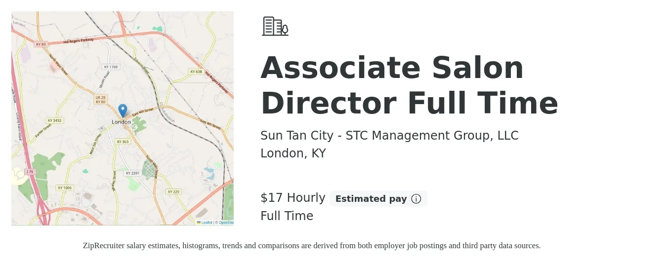 Sun Tan City - STC Management Group, LLC job posting for a Associate Salon Director Full Time in London, KY with a salary of $18 Hourly with a map of London location.