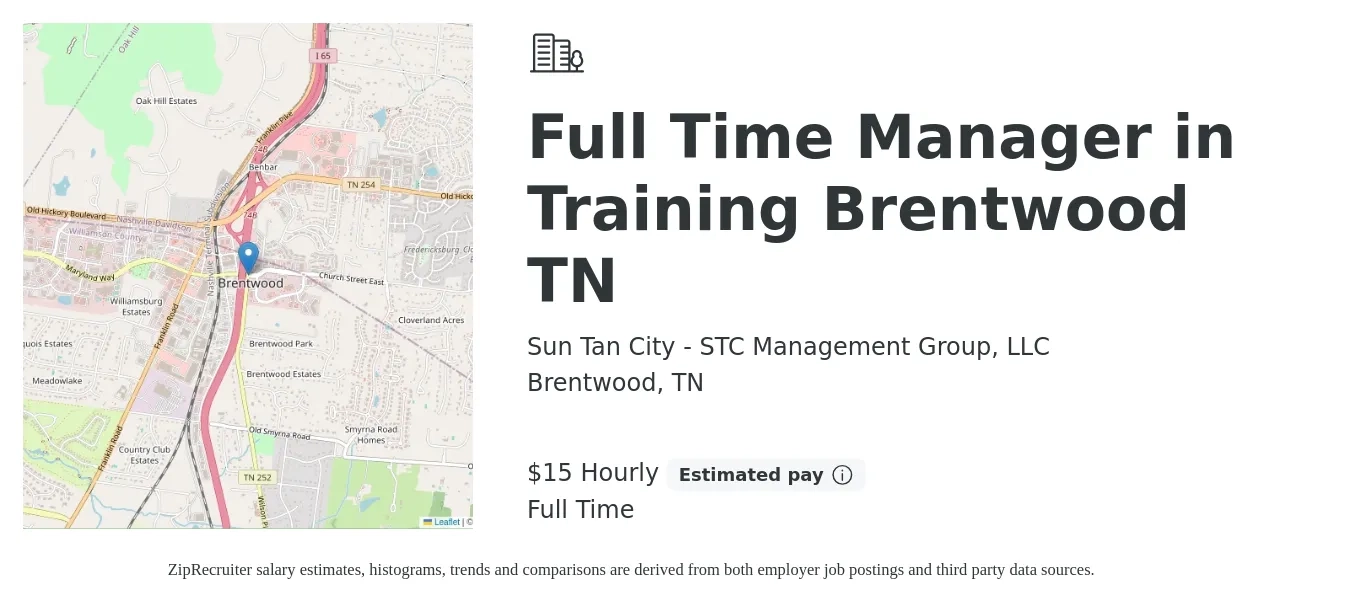 Sun Tan City - STC Management Group, LLC job posting for a Full Time Manager in Training Brentwood TN in Brentwood, TN with a salary of $16 Hourly with a map of Brentwood location.