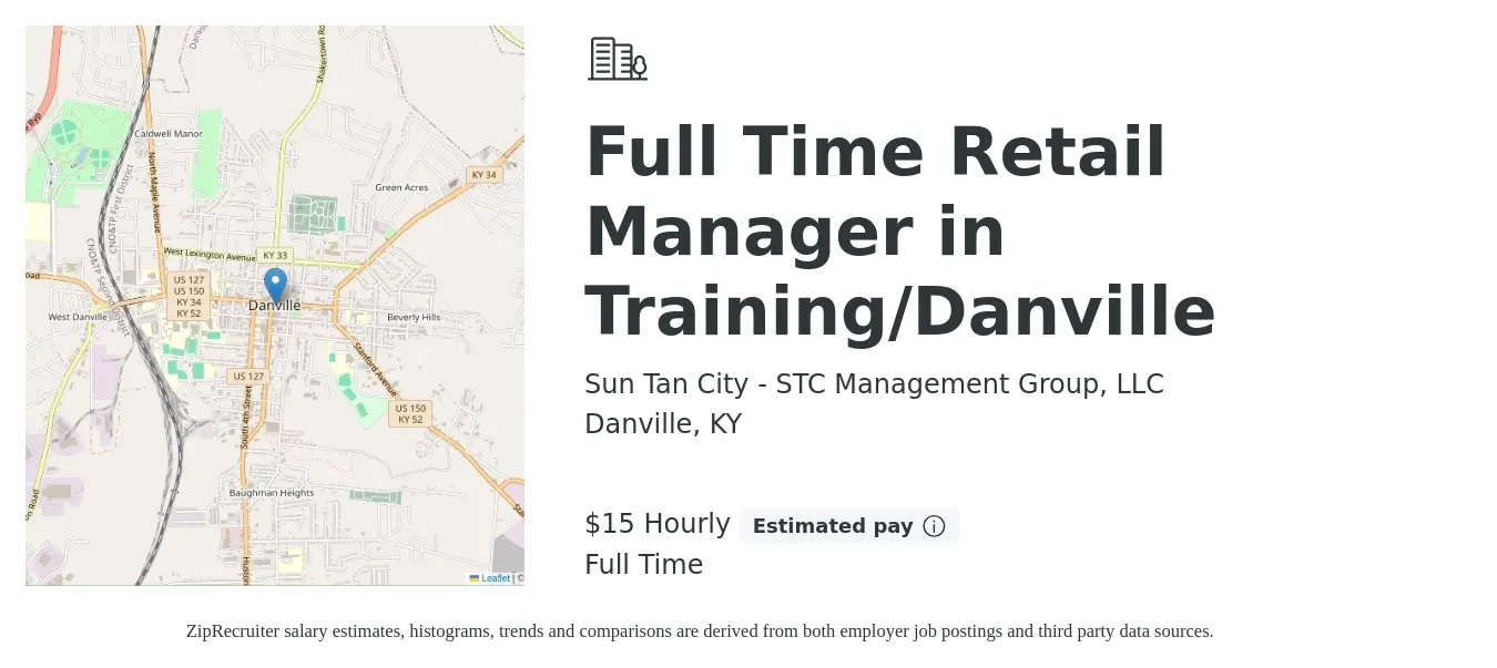 Sun Tan City - STC Management Group, LLC job posting for a Full Time Retail Manager in Training/Danville in Danville, KY with a salary of $16 Hourly with a map of Danville location.