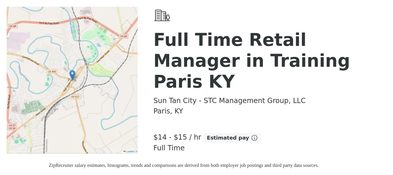 Sun Tan City - STC Management Group, LLC job posting for a Full Time Retail Manager in Training Paris KY in Paris, KY with a salary of $15 to $16 Hourly with a map of Paris location.