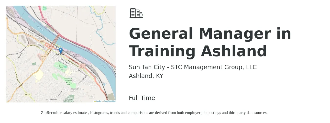 Sun Tan City - STC Management Group, LLC job posting for a General Manager in Training Ashland in Ashland, KY with a salary of $15 to $22 Hourly with a map of Ashland location.