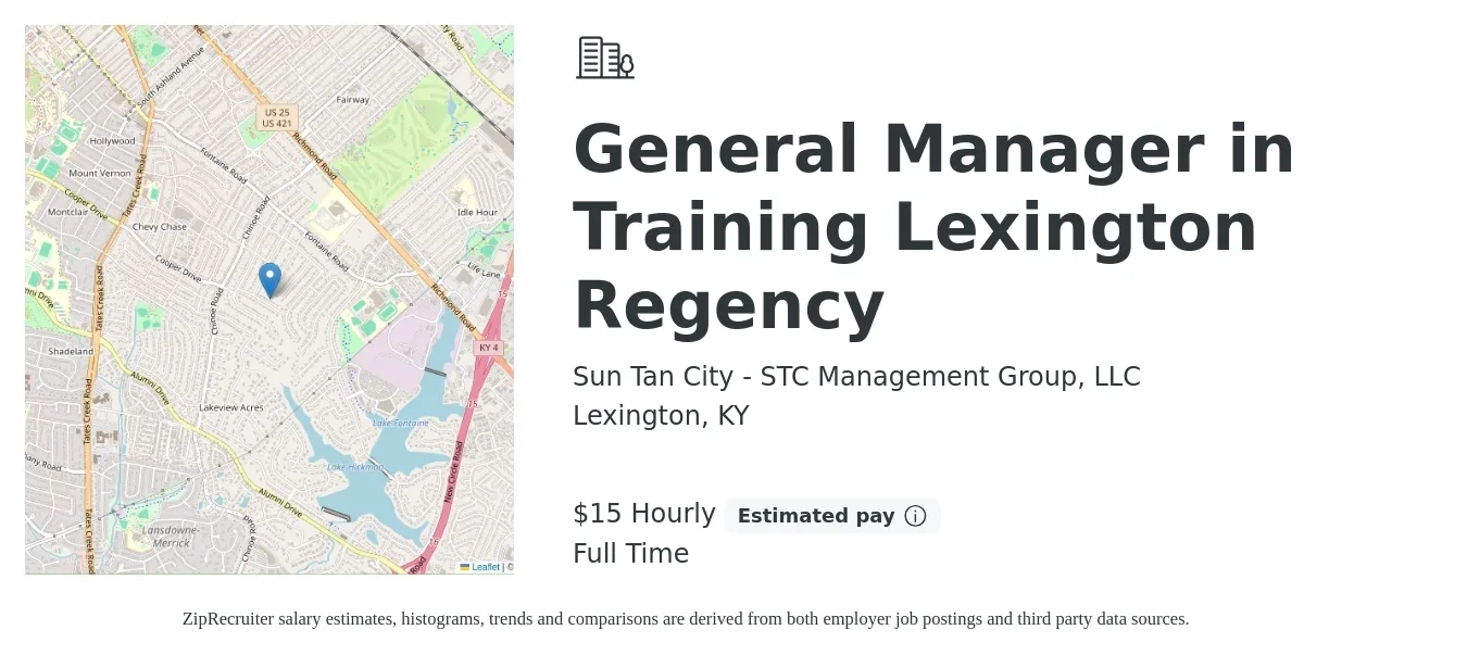 Sun Tan City - STC Management Group, LLC job posting for a General Manager in Training Lexington Regency in Lexington, KY with a salary of $16 Hourly with a map of Lexington location.