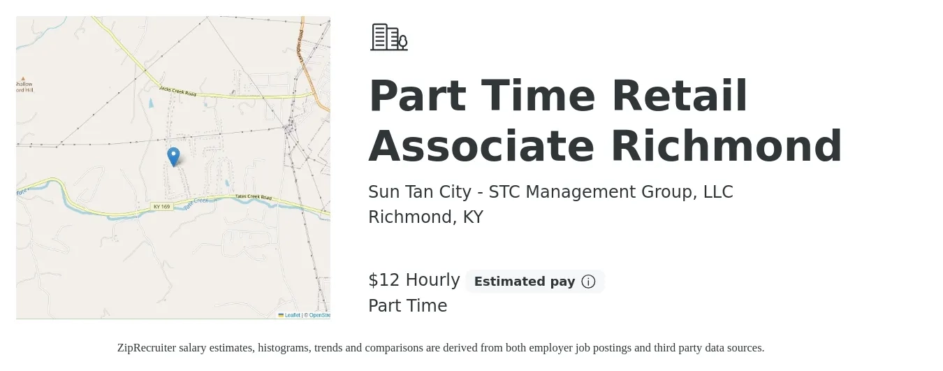Sun Tan City - STC Management Group, LLC job posting for a Part Time Retail Associate Richmond in Richmond, KY with a salary of $12 to $14 Hourly with a map of Richmond location.
