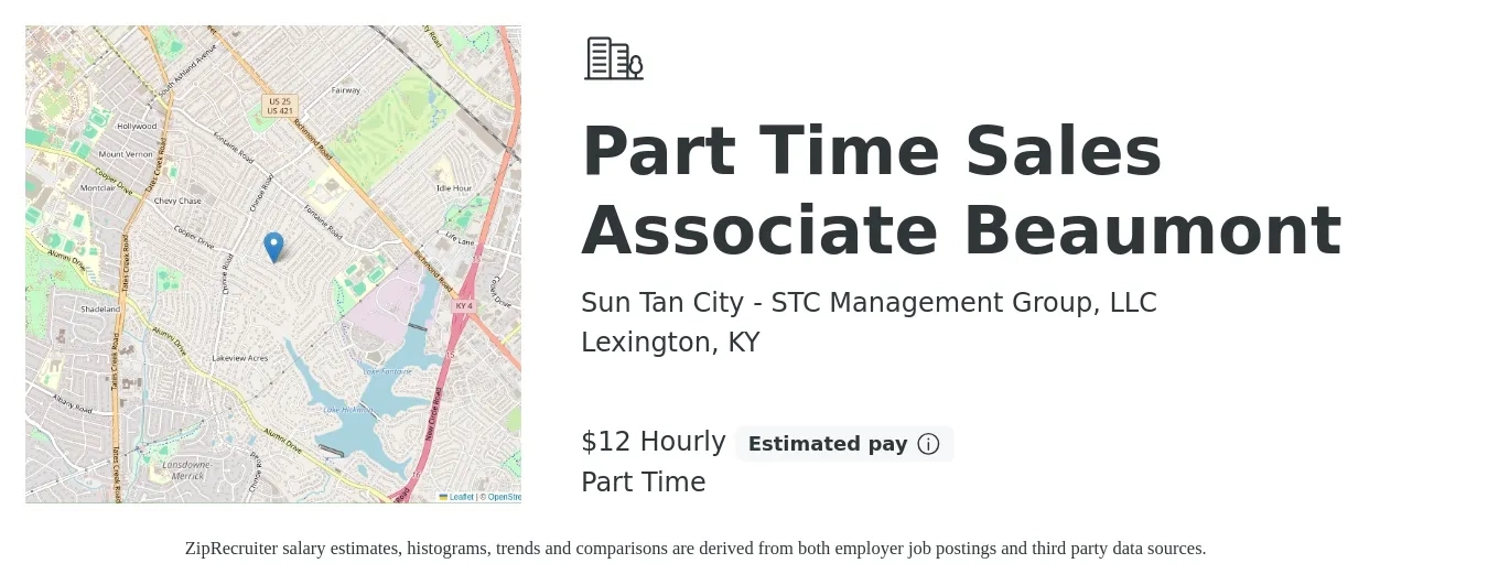 Sun Tan City - STC Management Group, LLC job posting for a Part Time Sales Associate Beaumont in Lexington, KY with a salary of $12 to $14 Hourly with a map of Lexington location.