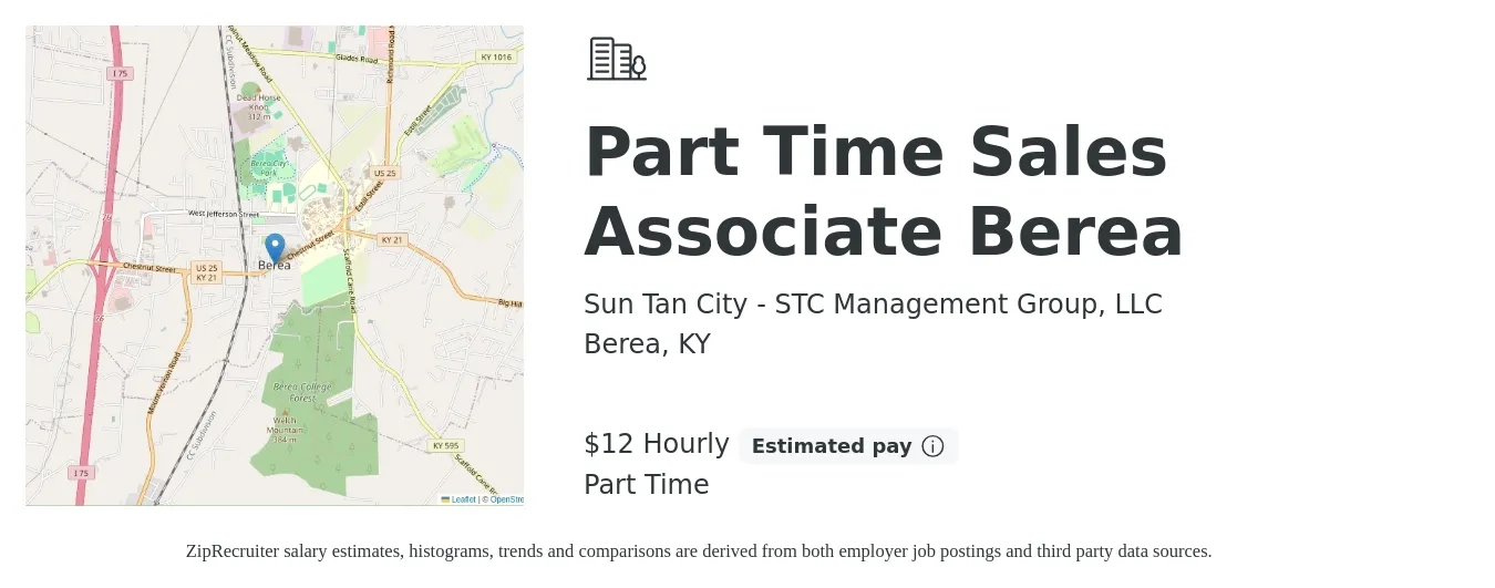 Sun Tan City - STC Management Group, LLC job posting for a Part Time Sales Associate Berea in Berea, KY with a salary of $12 to $14 Hourly with a map of Berea location.
