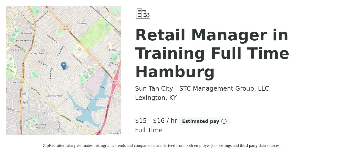 Sun Tan City - STC Management Group, LLC job posting for a Retail Manager in Training Full Time Hamburg in Lexington, KY with a salary of $16 to $17 Hourly with a map of Lexington location.