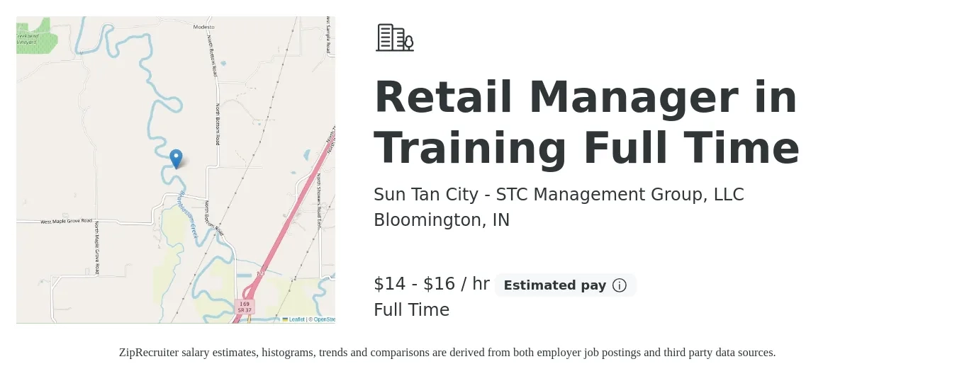 Sun Tan City - STC Management Group, LLC job posting for a Retail Manager in Training Full Time in Bloomington, IN with a salary of $15 to $17 Hourly with a map of Bloomington location.