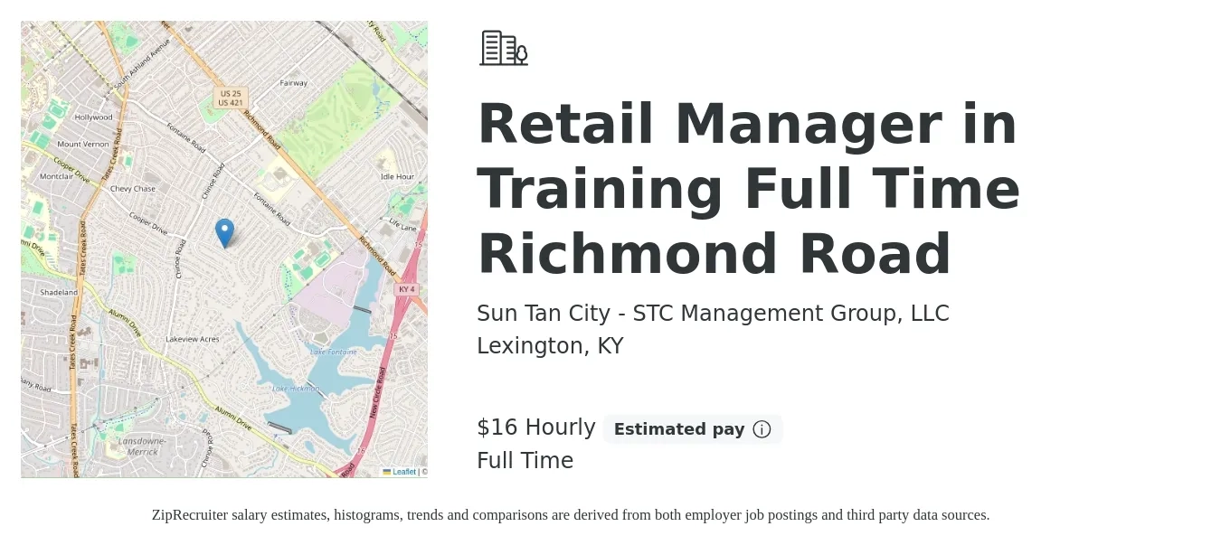 Sun Tan City - STC Management Group, LLC job posting for a Retail Manager in Training Full Time Richmond Road in Lexington, KY with a salary of $17 Hourly with a map of Lexington location.