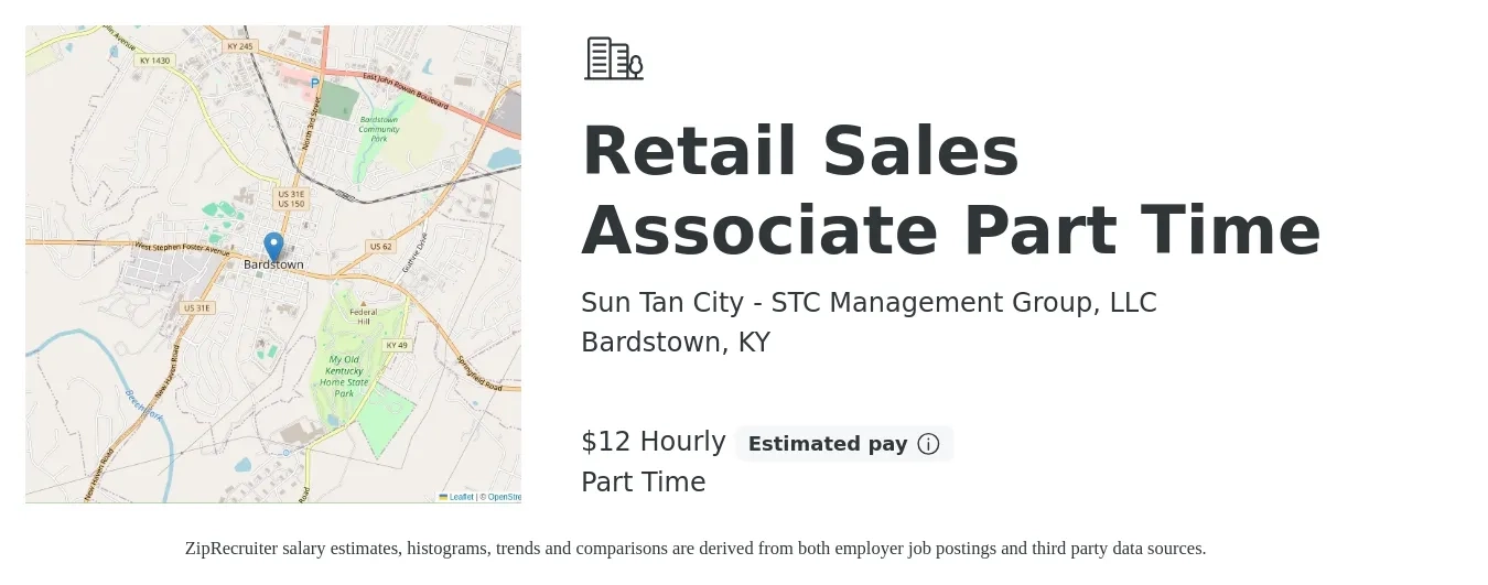 Sun Tan City - STC Management Group, LLC job posting for a Retail Sales Associate Part Time in Bardstown, KY with a salary of $13 Hourly with a map of Bardstown location.