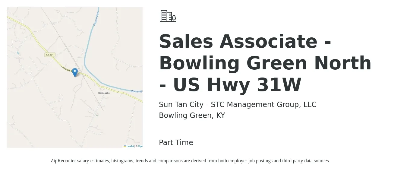 Sun Tan City - STC Management Group, LLC job posting for a Sales Associate -Bowling Green North - US Hwy 31W in Bowling Green, KY with a salary of $18 to $28 Hourly with a map of Bowling Green location.