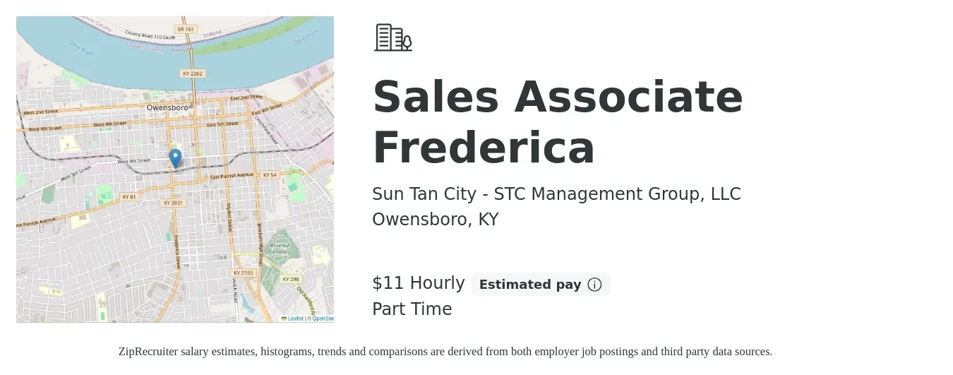 Sun Tan City - STC Management Group, LLC job posting for a Sales Associate Frederica in Owensboro, KY with a salary of $12 Hourly with a map of Owensboro location.