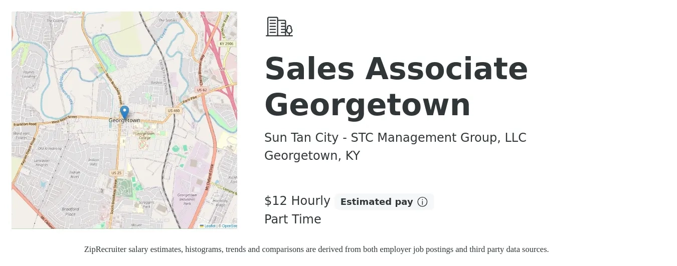 Sun Tan City - STC Management Group, LLC job posting for a Sales Associate Georgetown in Georgetown, KY with a salary of $12 to $14 Hourly with a map of Georgetown location.