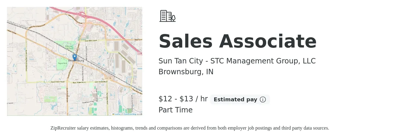 Sun Tan City - STC Management Group, LLC job posting for a Sales Associate in Brownsburg, IN with a salary of $12 to $14 Hourly with a map of Brownsburg location.