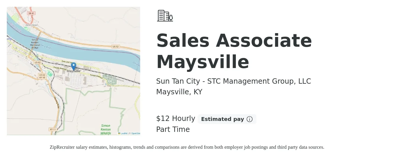 Sun Tan City - STC Management Group, LLC job posting for a Sales Associate Maysville in Maysville, KY with a salary of $12 to $14 Hourly with a map of Maysville location.