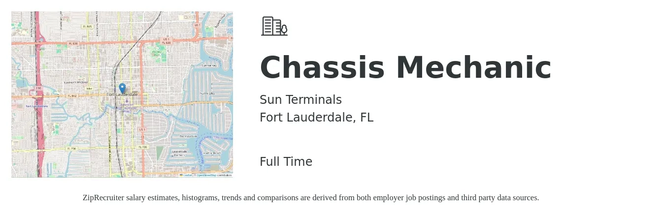 Sun Terminals job posting for a Chassis Mechanic in Fort Lauderdale, FL with a salary of $21 to $26 Hourly with a map of Fort Lauderdale location.