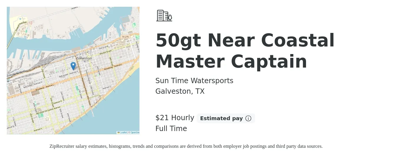 Sun Time Watersports job posting for a 50gt Near Coastal Master Captain in Galveston, TX with a salary of $22 Hourly with a map of Galveston location.