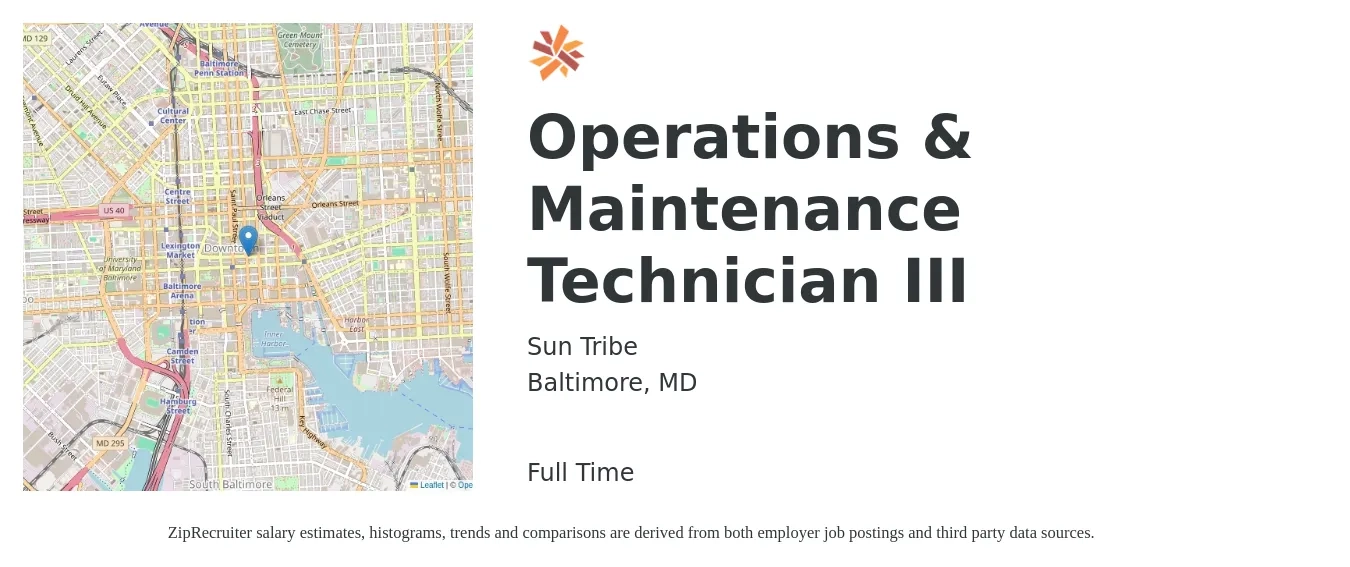 Sun Tribe job posting for a Operations & Maintenance Technician III in Baltimore, MD with a salary of $18 to $28 Hourly with a map of Baltimore location.