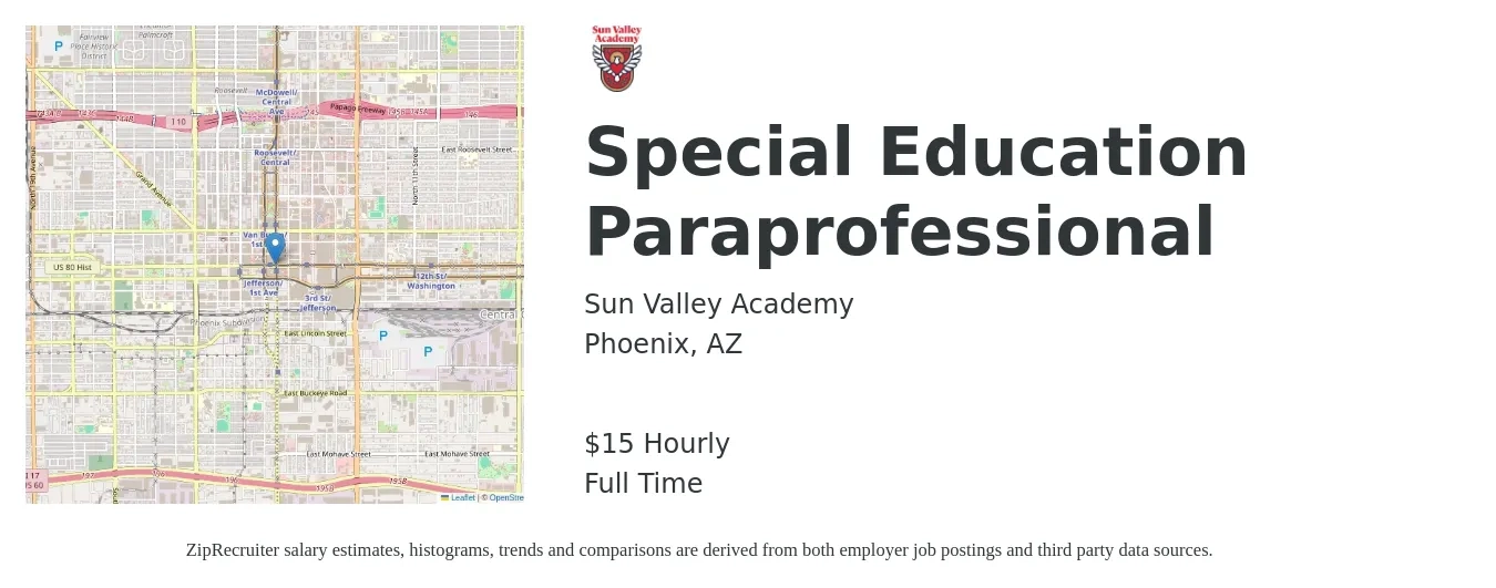 Sun Valley Academy job posting for a Special Education Paraprofessional in Phoenix, AZ with a salary of $16 Hourly with a map of Phoenix location.