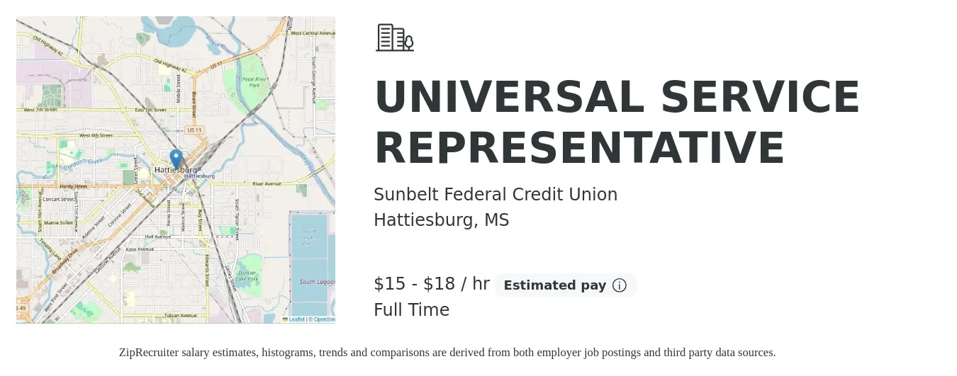 Sunbelt Federal Credit Union job posting for a UNIVERSAL SERVICE REPRESENTATIVE in Hattiesburg, MS with a salary of $16 to $19 Hourly with a map of Hattiesburg location.