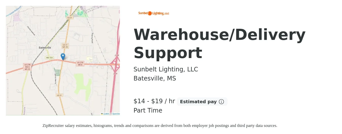 Sunbelt Lighting, LLC job posting for a Warehouse/Delivery Support in Batesville, MS with a salary of $15 to $20 Hourly with a map of Batesville location.