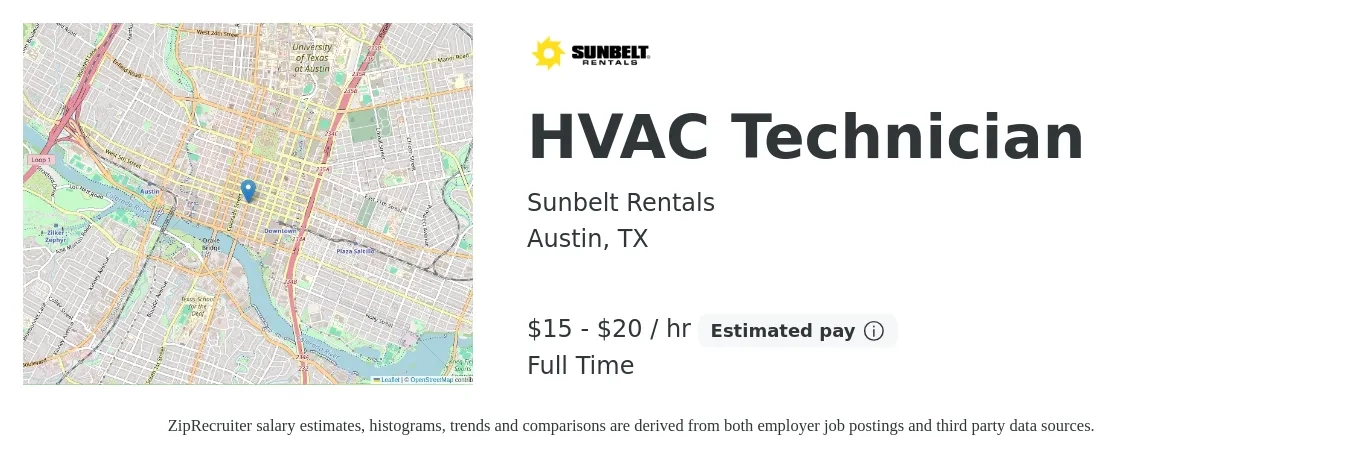 Sunbelt Rentals job posting for a HVAC Technician in Austin, TX with a salary of $16 to $21 Hourly with a map of Austin location.