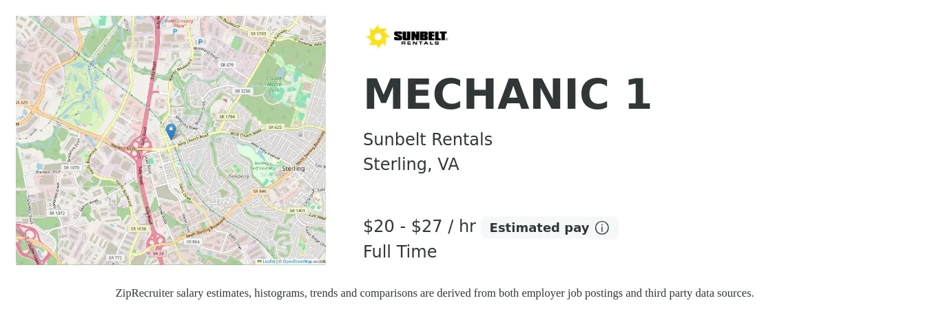 Sunbelt Rentals job posting for a MECHANIC 1 in Sterling, VA with a salary of $21 to $29 Hourly with a map of Sterling location.