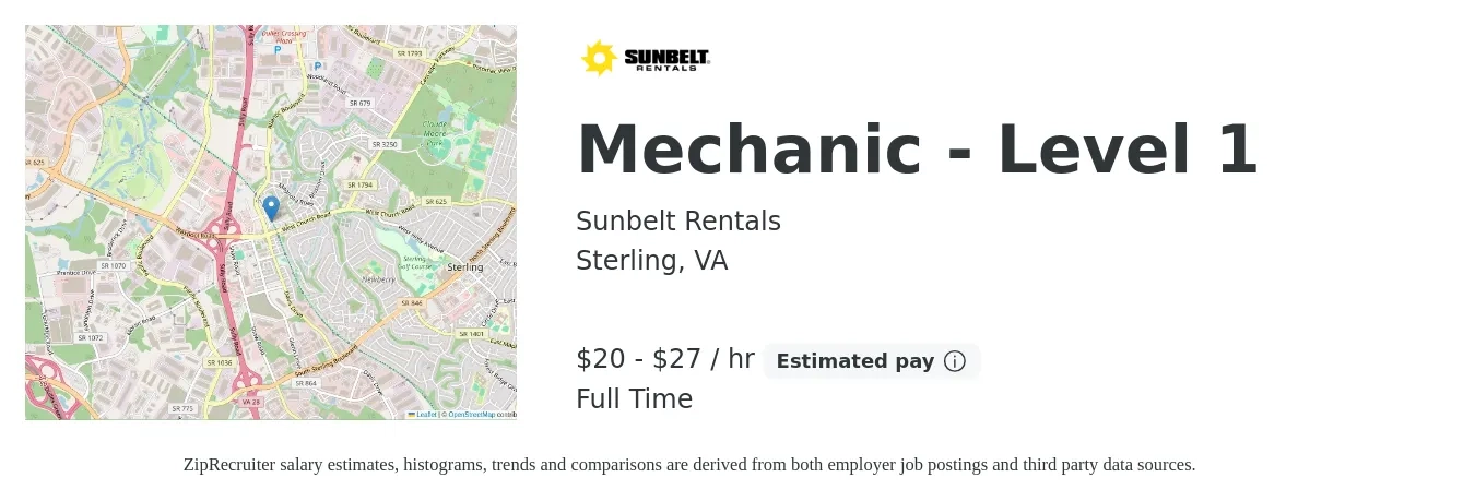 Sunbelt Rentals job posting for a Mechanic - Level 1 in Sterling, VA with a salary of $21 to $29 Hourly with a map of Sterling location.