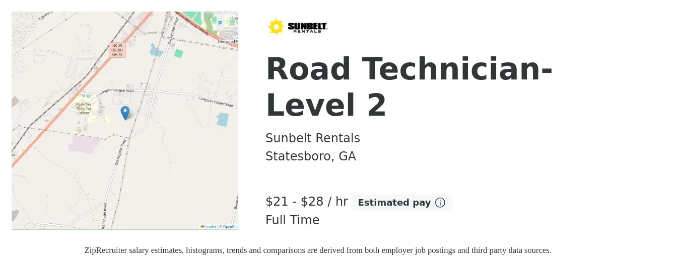 Sunbelt Rentals job posting for a Road Technician-Level 2 in Statesboro, GA with a salary of $22 to $30 Hourly with a map of Statesboro location.
