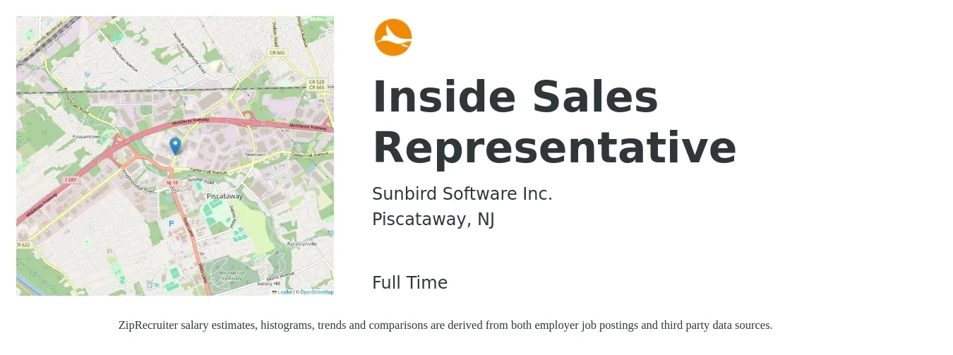Sunbird Software Inc. job posting for a Inside Sales Representative in Piscataway, NJ with a salary of $39,600 to $59,100 Yearly with a map of Piscataway location.