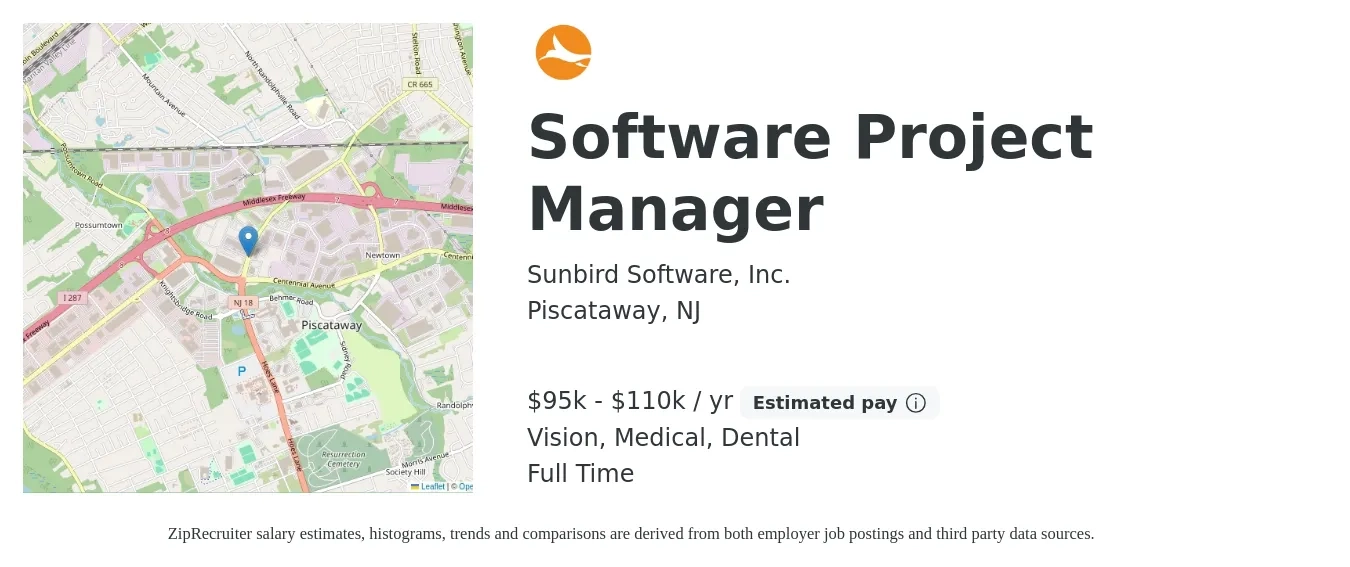 Sunbird Software, Inc. job posting for a Software Project Manager in Piscataway, NJ with a salary of $95,000 to $110,000 Yearly and benefits including retirement, vision, dental, life_insurance, medical, and pto with a map of Piscataway location.