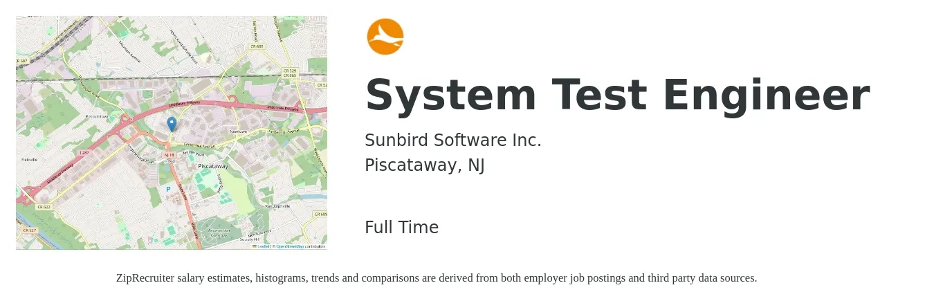 Sunbird Software Inc. job posting for a System Test Engineer in Piscataway, NJ with a salary of $48 to $70 Hourly with a map of Piscataway location.