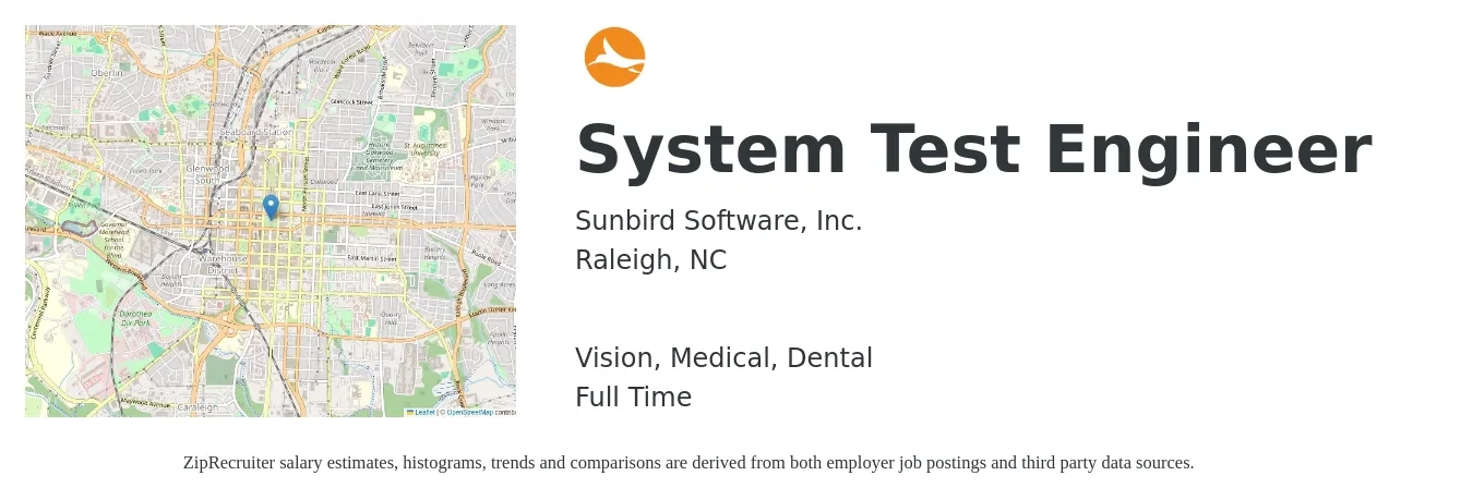 Sunbird Software, Inc. job posting for a System Test Engineer in Raleigh, NC with a salary of $47 to $68 Hourly and benefits including retirement, vision, dental, life_insurance, medical, and pto with a map of Raleigh location.