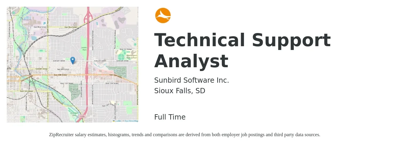 Sunbird Software Inc. job posting for a Technical Support Analyst in Sioux Falls, SD with a salary of $22 to $32 Hourly with a map of Sioux Falls location.