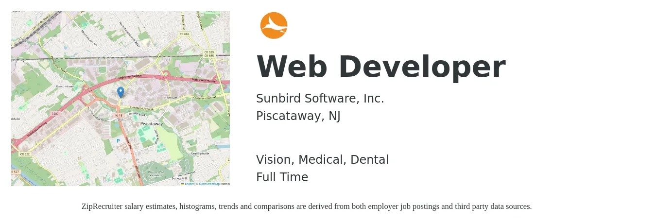 Sunbird Software, Inc. job posting for a Web Developer in Piscataway, NJ with a salary of $37 to $58 Hourly and benefits including dental, life_insurance, medical, pto, retirement, and vision with a map of Piscataway location.