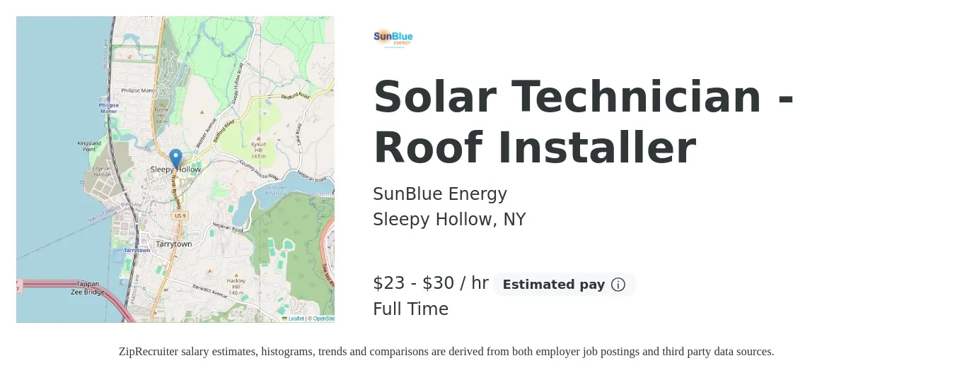 SunBlue Energy job posting for a Solar Technician - Roof Installer in Sleepy Hollow, NY with a salary of $24 to $32 Hourly (plus commission) and benefits including pto with a map of Sleepy Hollow location.