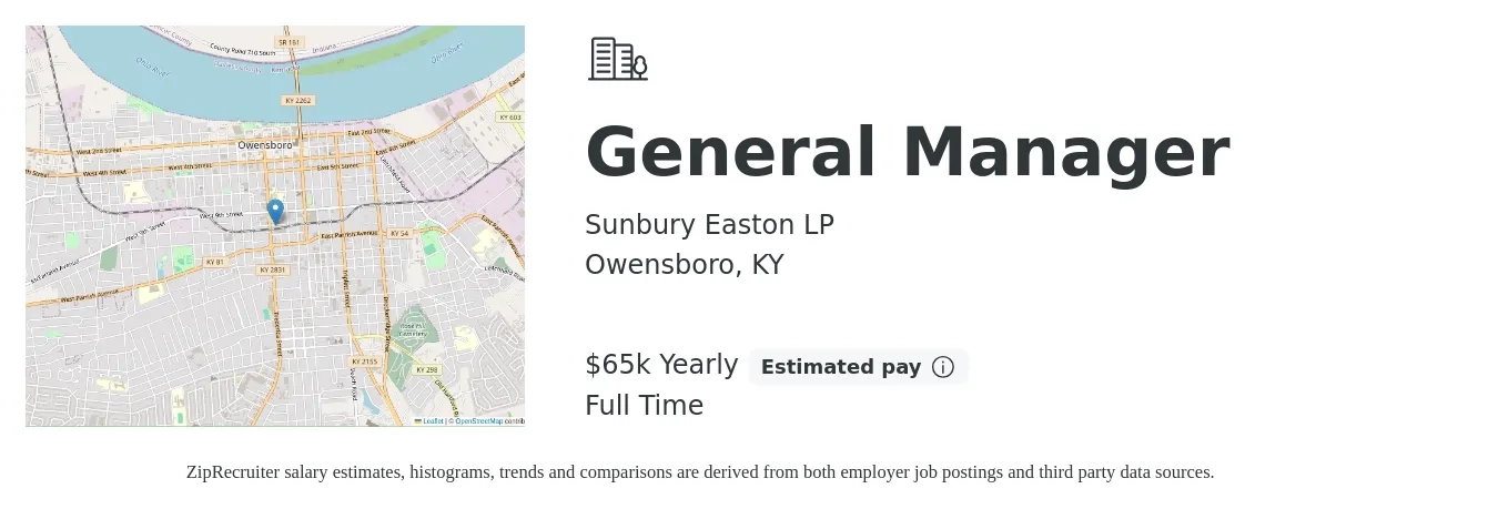 Sunbury Easton LP job posting for a General Manager in Owensboro, KY with a salary of $65,000 Yearly with a map of Owensboro location.