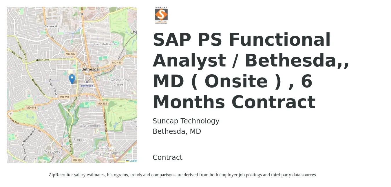 Suncap Technology job posting for a SAP PS Functional Analyst / Bethesda,, MD ( Onsite ) , 6 Months Contract in Bethesda, MD with a salary of $66 to $94 Hourly with a map of Bethesda location.